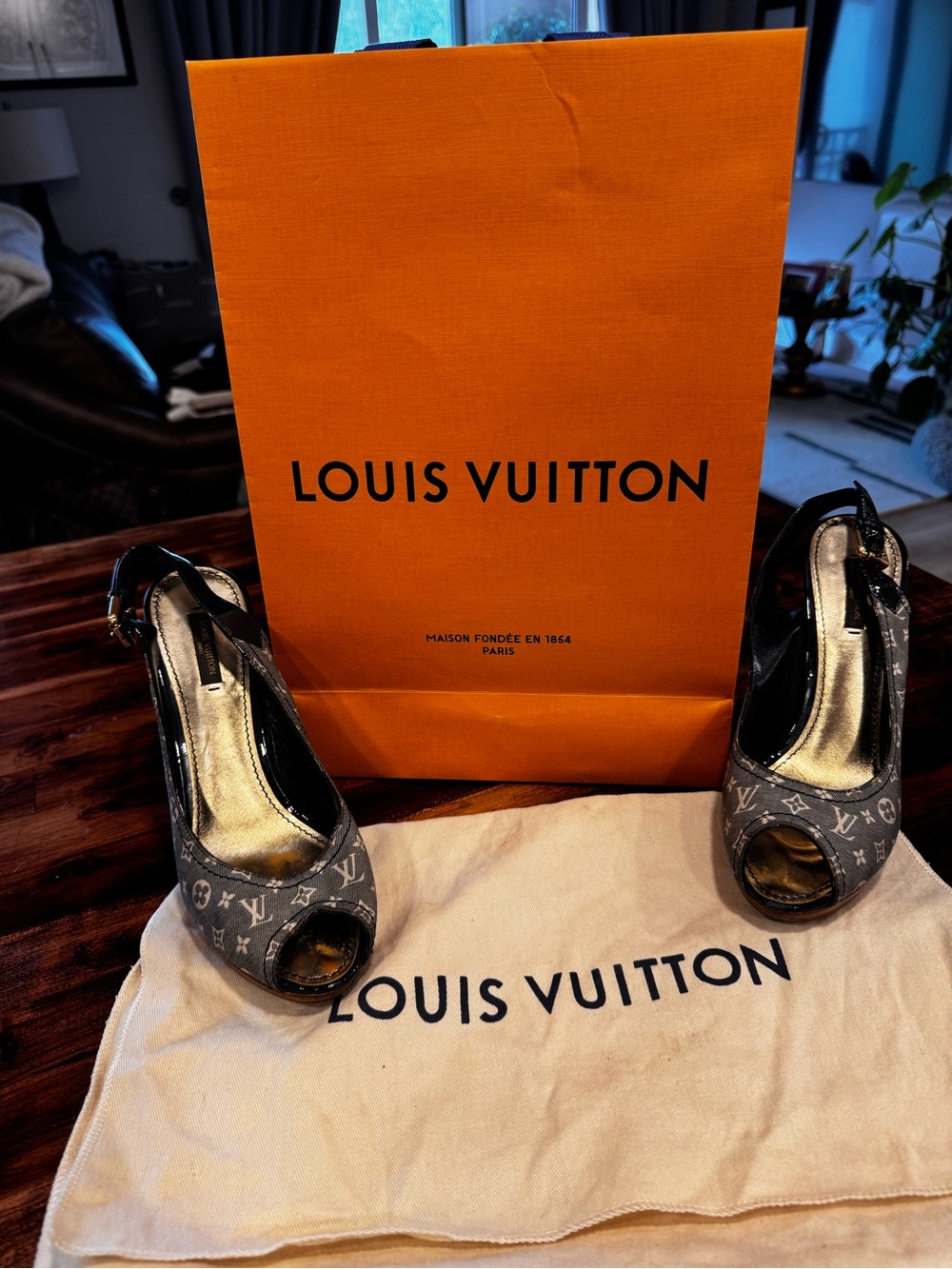 Louis Vuitton Gray Monogram Peep-Toe Slingback Heels